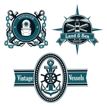 Vintage nautical emblems with marine elements Illustrazione stock