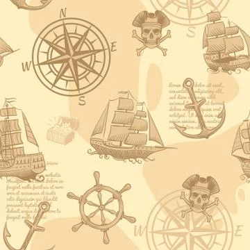 Vintage nautical seamless pattern. Hand drawing marine old sketch adventure Stock Illustration