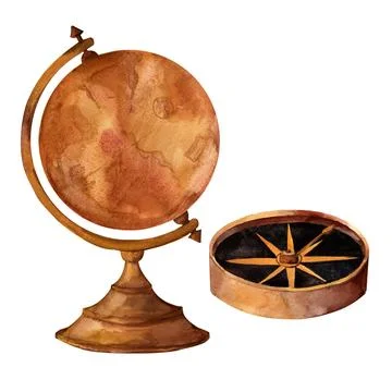Vintage navigation devices, compass, globe, vintage envelopes,watercolor obje Stock Illustration