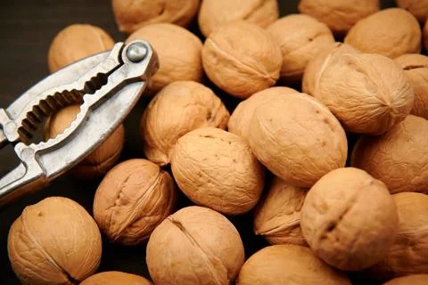 Vintage nutcracker and many walnuts close-up Stock Photos