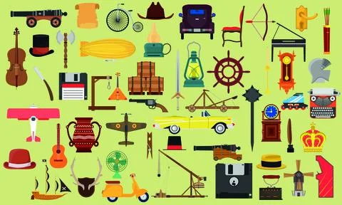 Vintage object set design element and retro icon collection isolated white. A Stock Illustration