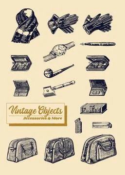 Vintage Objects, Accessories and More engraving style drawings of old stuff Stock Illustration