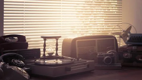 Vintage objects collection next to a window Stock Photos