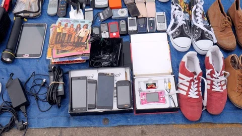 Vintage objects displayed at the flea market Stock Footage 116058641