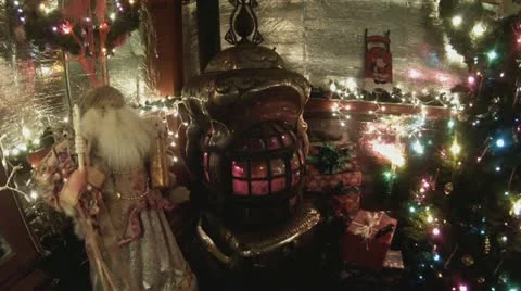 Vintage Old Fashioned Heating Stove, with Christmas Decorations Stock Footage