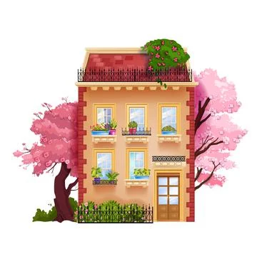 Vintage old house facade, vector toy building exterior illustration, windows Stock Illustration