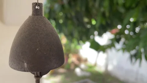 Vintage old rusty bell close up blurred tree at home garden background sunny day Stock Footage 248818143