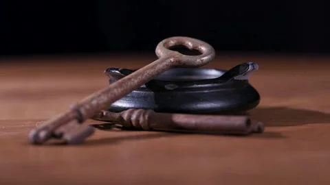 Vintage old silver key concept on table 3 Stock Footage 287964517