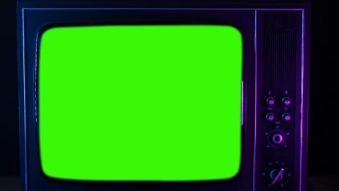 Vintage Old Tv Green Screen In Neon Ligh 