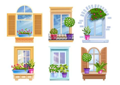 Vintage old window frame set isolated on white. Italian, French architecture Stock Illustration