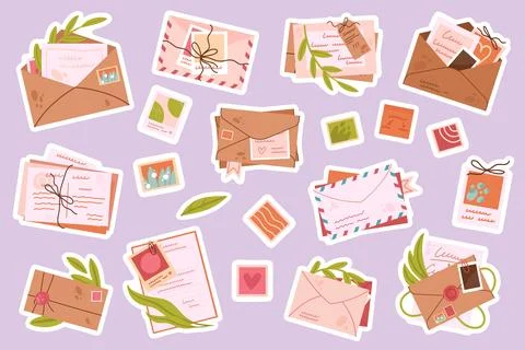 Vintage open and closed envelopes with stamps stickers set with boho floral Stock Illustration
