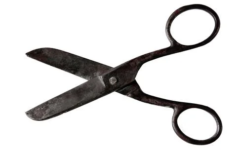 Vintage open scissors close up isolated on white background Stock Photos