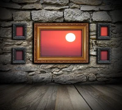 Vintage painting frames like windows on wal Illustrazione stock