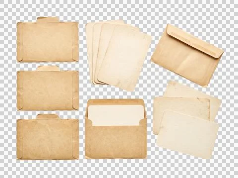 Vintage paper folder collection with aged stationery set. Stock Photos