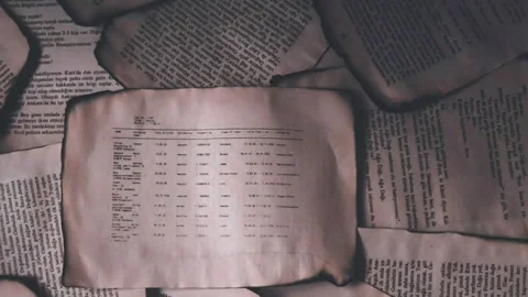 Vintage papers with printed text and a data table, animated background Video stock 333977475