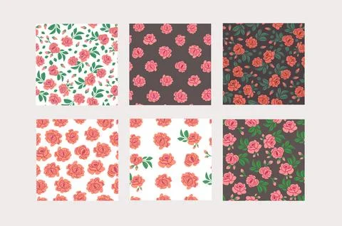 Vintage pattern collection with red roses and leaves on brown and white Stock Illustration