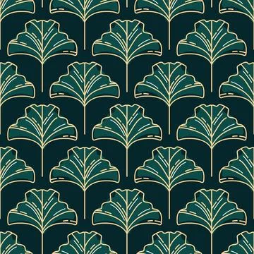 This vintage pattern features elegant ginkgo biloba leaves symmetrically arra Stock Illustration