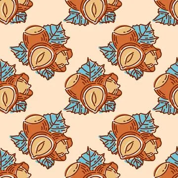 Vintage pattern features intricately designed hazelnuts, surrounded by delicate Stock Illustration