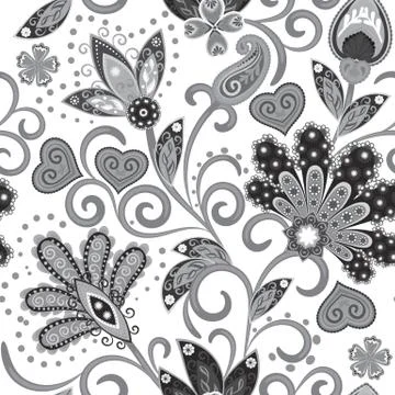Vintage pattern in indian batik style. Floral hand draw vector background. Gray Stock Illustration