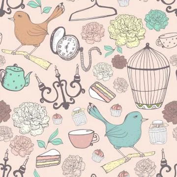 Vintage pattern in pastel colors with different old items. Vector hand draw.. Stock Illustration