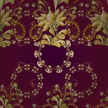 Vintage pattern on purple and red colors with golden elements. Christmas, snowfl Illustrazione stock