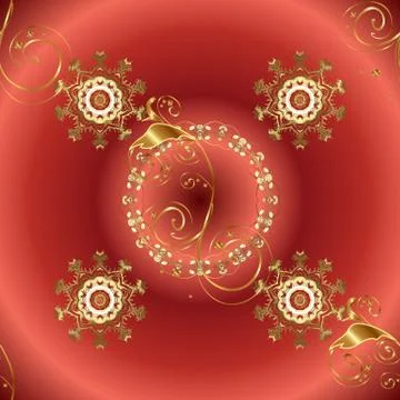 Vintage pattern on red and orange colors with golden elements. Christmas, snowfl Stock Illustration