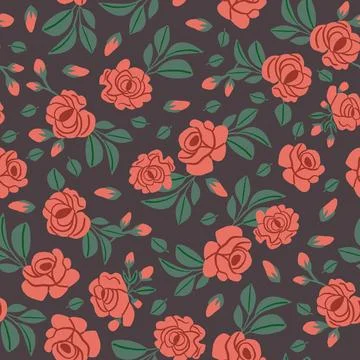 Vintage pattern with red roses and leaves on brown background. Retro flowers Stock Illustration