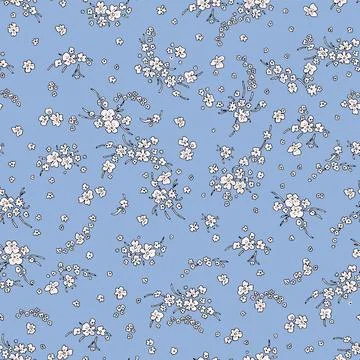 Vintage pattern of small white wildflowers on a blue background. Stock Illustration