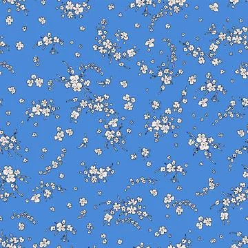 Vintage pattern of small white wildflowers on a blue background. Stock Illustration