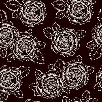 Vintage pattern with white roses on dark backdrop Illustrazione stock