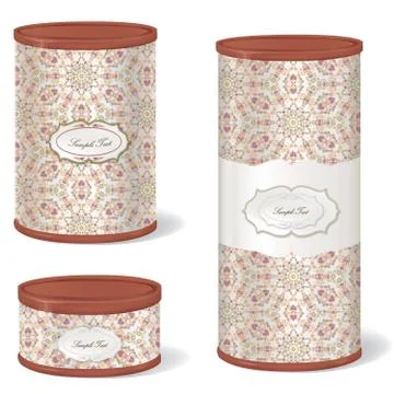 Vintage Patterned Box Set. Metal Tin Can. Retro Canned Food package. Illustrazione stock