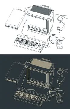 Vintage personal computer system isometric technical drawing Stock Illustration