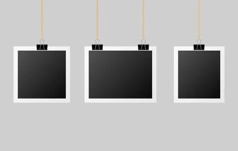 Vintage photo frames hanging on a string. Blank retro photograph templates with Stock Illustration