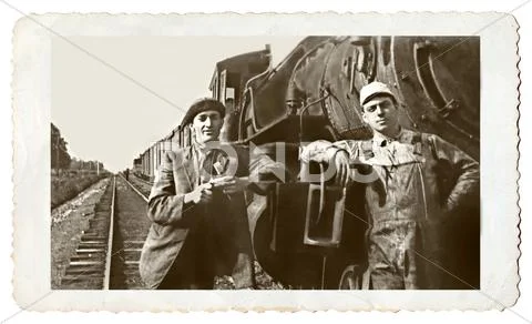 Vintage photo men and a train Stock Photos