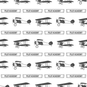 Vintage pilot academy pattern. Old Biplanes seamless background with ribbon Illustrazione stock