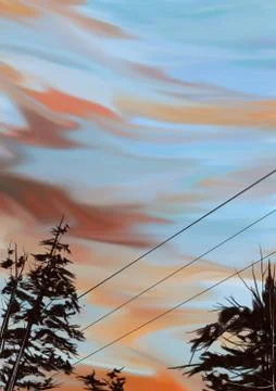 Vintage Pine trees and cable wire wallpaper with blue and peach sky Stock Illustration