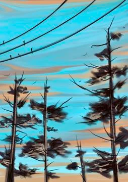 Vintage Pine trees and cable wire wallpaper with blue and peach sky Stock Illustration