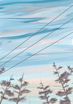 Vintage pine trees in sky with cable wire wallpaper Stock Illustration