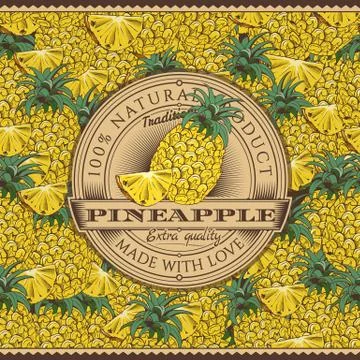 Vintage Pineapple Label On Seamless Pattern 스톡 일러스트