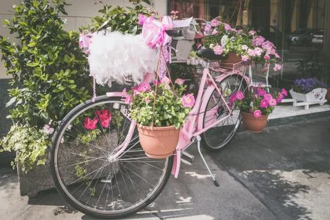 Vintage pink bicycle standing on the street Stock Photos