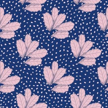 Vintage pink leaf seamless pattern on blue background. Tree leaves backdrop.  イラスト素材
