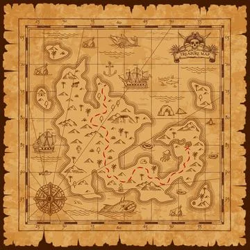 Vintage pirate treasure map, vector worn parchment Ilustração Stock