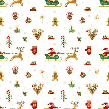 Vintage Pixel Art Christmas Pattern with Santa Stock Illustration