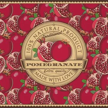 Vintage Pomegranate Label On Seamless Pattern Illustrazione stock
