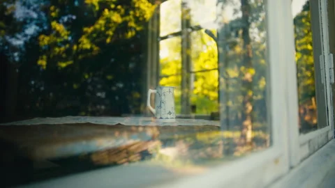 Vintage Porcelain Pitcher on Old Table Seen Through Window in an Old Summer Stock Footage 338160629