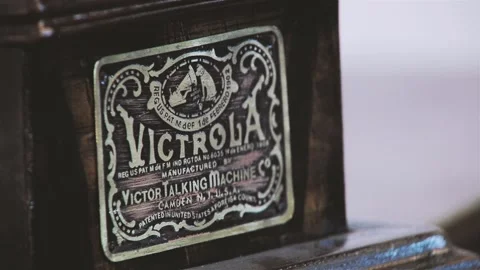 Vintage Portable Victrola Gramophone. Close-Up. Stock Footage
