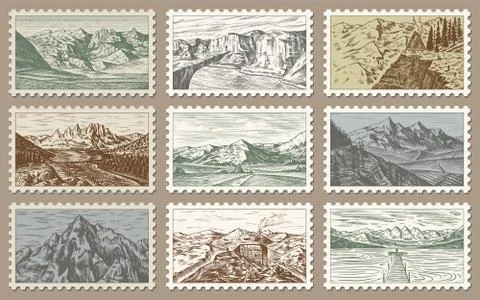 Vintage Post stamps set. Etching mountain landscapes. Retro old Mount Sketch Stock Illustration