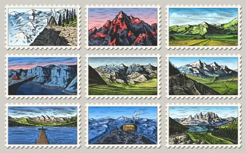 Vintage Post stamps set. Etching mountain landscapes. Retro old Mount Sketch Stock Illustration