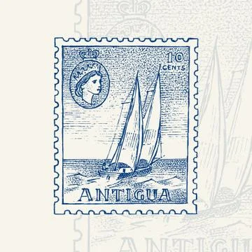 Vintage Postage stamp for album. Seascape with a sailboat. Retro old Sketch Stock Illustration