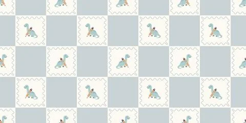 Vintage postage stamp pattern with blue and beige handicraft bird illustrations Stock Illustration